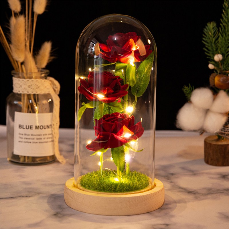 Glass Dome Rose Ornament LED Strip Light Blessing Romantic Glass