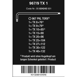 Wera 967 PKL TORX® Ball-end BlackLaser L-key set in a two-component clip, 9pc, 05024242001