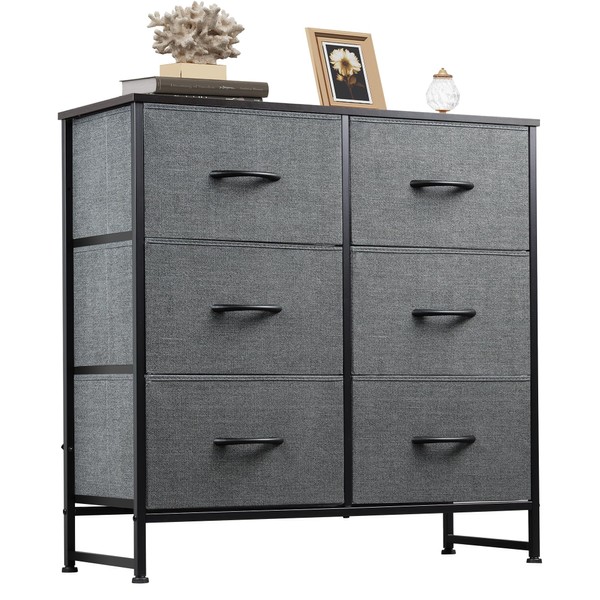 WLIVE Fabric Dresser for Bedroom, 6 Drawer Double Dresser, Storage Tower with Fabric Bins, Chest of Drawers for Closet, Living Room, Hallway, Nursery, Dark Grey