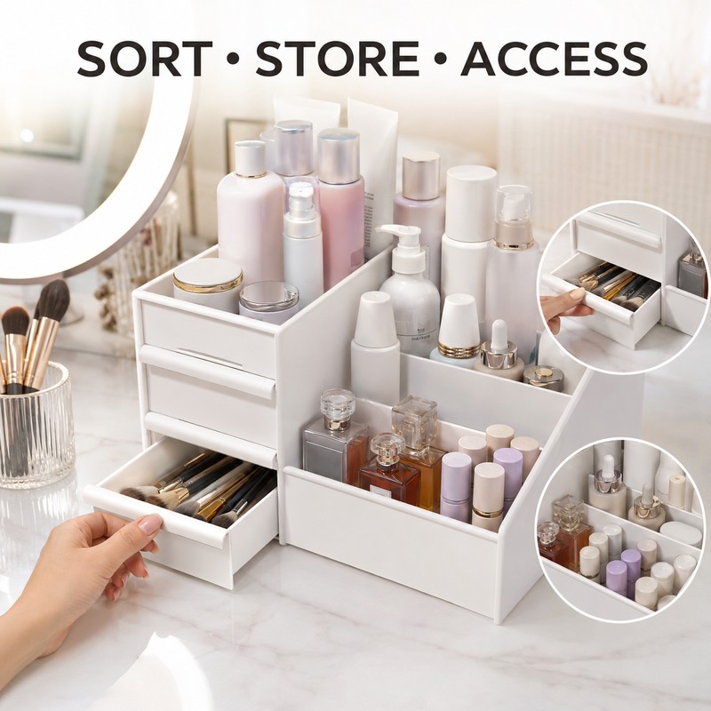 White Plastic Makeup Organizer with Drawers and Compartments