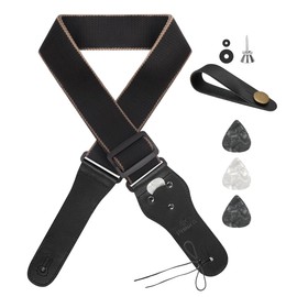 Philorn Guitar Strap Adjustable Genuine Leather Ends Jacquard Weave Bass Strap for Acoustic/Electric/Guitars, Gift for Adult & Kids (Black)