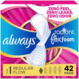 ALWAYS - Almohadillas sanitarias regulares radiantes, tamaño 1, aroma ligero y limpio con alas, 42 unidades