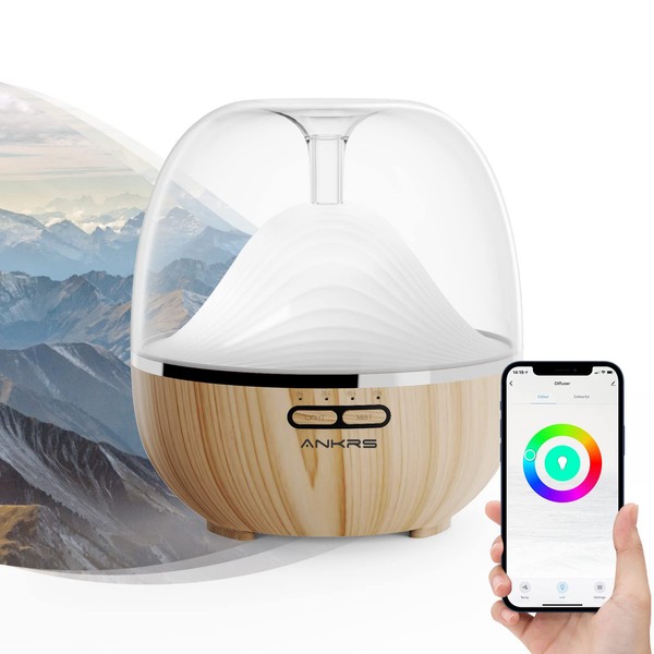 Ankrs Smart WiFi - Difusor y humidificador de aroma de aceite esencial de 600 ml, compatible con Google Home/Alexa, difusor de aroma de montaña con LED RGB, temporizador para recámara, habitación grande y abedul blanco