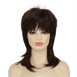 Siudus Brown Mullet Wigs for Women Shaggy Shoulder Lenght 70s 80s Wig Layered Natural Synthetic Fiber Hair Wig for Cosplay Disco Rocker Wig