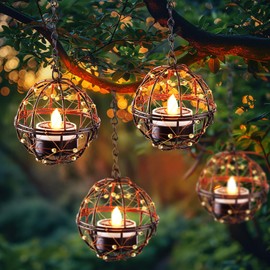 Homemory Solar Tea Lights Outdoor Waterproof Hanging Lanterns, Beaded Copper Wire Ball Holders with Solar Powered Tea Lights Candles, Ideal for Patio, Garden, Backyard, Pergola, Tree, Fence, 4-Pack