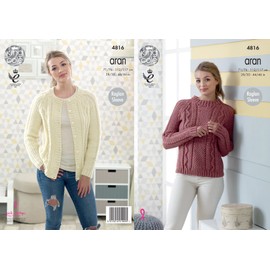 King Cole Ladies Aran Knitting Pattern Womens Raglan Sleeve Cable Knit Cardigan & Sweater (4816)
