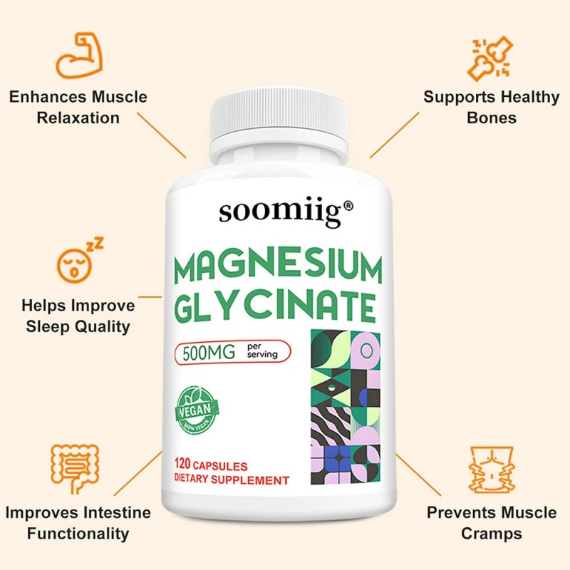 SOOMIIG Magnesium Glycinate 120 Capsules - Improves mood and sleep,