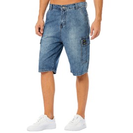 LONGBIDA Men's Loose Fit Denim Cargo Shorts with Multi Pockets, Blue, 38