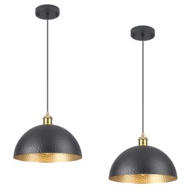 Febeleven Black Farmhouse Pendant Light with Hammered Metal Shade Vintage Dome Pendant Light Adjustable Hanging Lighting fixtures for Kitchen Island Dining Room Hallway and Bar 2 Pack