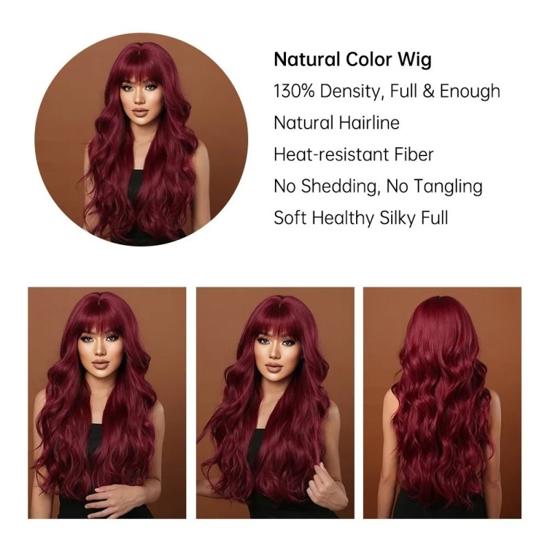 Peluca Rojo Para Mujer Larga Ondulada Flequillos Natural