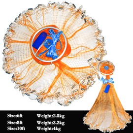 FREGITO Cast Net with Aluminum Ring, American Cast net, Hand Throwing Fishing Net with Zinc Plated Weights for Saltwater and Freshwater, 3/8 Inches Mesh(8FT)