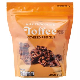 Milk Chocolate Toffee Covered Pretzel, Mini Crunchy Buttery Bits, Naturally Flavored Snack Snacking Gift Food Treat, 8oz Clancy Bag