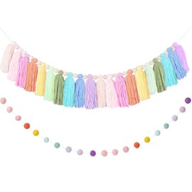2 PCS Rainbow Boho Tassel Garland, 6.5 Feet Pom Pom Tassel 20 Felt Balls, Colorful Wall Hanging Banner Pastel Fabric Decor for Classroom,Party,Nursery,Wedding,Birthday Party & Home Decoration