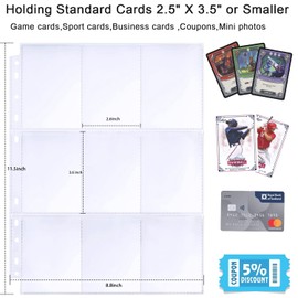 15 Pack 270 Pockets Trading Card Sleeves, 11 Hole Double-Sided 9 Pocket Page Protector, Ultra-Transparent Card Sheets for A4 2/3/4 Ring Binder, Card Sleeves for Game Cards, Football Cards