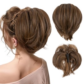 SEGOHAIR Claw Clip Short Ponytail Extension Messy Bun Hair Piece, 8inch Dark Flaxen & Dirty Blonde Bendable Metal Wire Fake Bun Hair Pieces for Women - DIY Styles