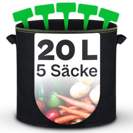 Plant Bag, 5 x 20 L Non-Woven Fabric with Plant Markers for Labelling, with Handle, for Herbs