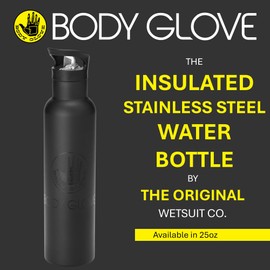 BODY GLOVE 25oz Stainless Steel Vacuum Insulated Water Bottle with Straw and Flip Lid, Thermal Flask for Sports, Work, School (BLACK/25oz)