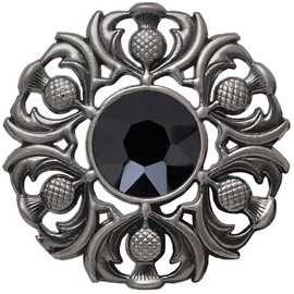Elegant Scottish Kilt Fly Plaid Brooch - Premium Thistle Design with Sparkling stone, Handcrafted Tartan Sash Pin, Luxurious Highland Dress Accessory for Women's (Silver Antique, Black)