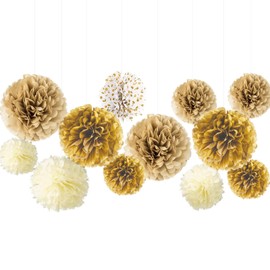 YESON White Gold Champagne Tissue Paper Pom Poms Hanging Tissue Flowers Poms Decorations Pack of 12 for Wedding, Birthday, Baby Shower ，Party Backdrop Decor ect. (12", 10", 8" Tissue Paper Flowers)