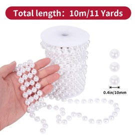 Faux White Pearl Beads Garland - 10mm Christmas Tree Beads 11 Yards White Pearl Strands Spool Pearl String Bead Roll for Wedding Party Christmas Tree Decoration(10mm 11Yards, White)