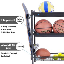 Mythinglogic Garage Sports Equipment Organizer, Sports Gear Storage for Kids, Wall Mount Garage Organizer and Storage with Hooks, Black Steel Garage Ball Storage,Basketball Rack