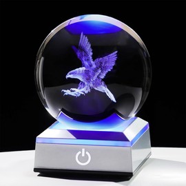 QIANCHANG 80mm 3D Eagle Crystal Ball with LED Stand, Animal Figurine Decor Glass Sphere Lamp Night Light, Eagle Statue Gifts for Men Women Kids