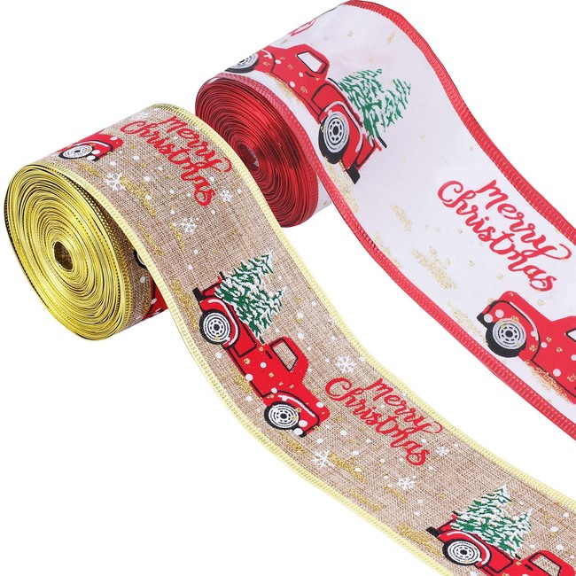 2 Rolls Christmas Wired Edge Ribbons 2.5 Inch x 10 Yard Vintage Red Truck Ribbon Fabric Christmas Tree Wrapping Ribbon for DIY Wreaths Wrapping Crafts Decoration, Ecru, White