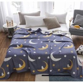 J-pinno Bright Moon Stars Muslin Blanket Reversible 100% Cotton 6 Layer Quilt Bed Blanket Soft Warm Throw Sofa Couch Toddler Kids Cartoon Travel Coverlet Sheet (Stars, Twin/Full 68" X 76")
