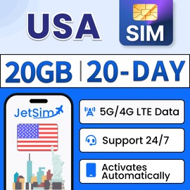 JetSim International Sim Card for USA 20 Days Unlimited Data with 20GB High-Speed Mobile Internet Data Travel Sim Card
