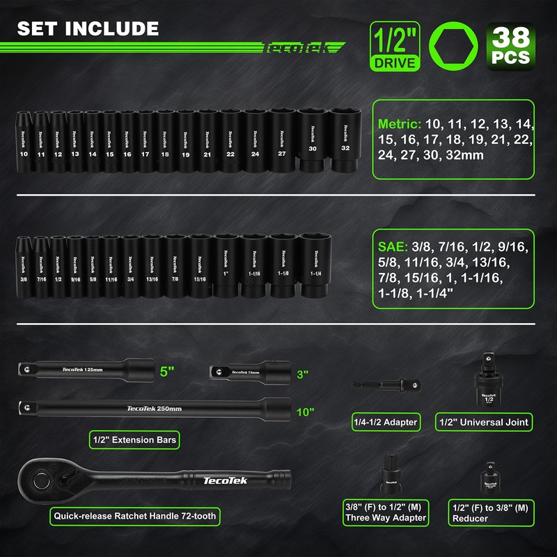 TecoTek 1/2" Drive Deep Impact Socket Set, 38-Piece Socket Set