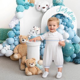 Booulfi Baby Clothes Boy Blue Cross-patterned Jacquard Lace White Baby Onesie Short Sleeves Rompers First Birthday Outfit Boy