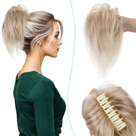 S-noilite Claw Clip Messy Bun Real Human Hair Tousled Updo - Clip in Ponytail Chignon Hairpieces for Women Girls #12/613 Golden Brown/Bleach Blonde 44g