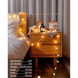 JOLYMOLY Globe String Lights 59 Ft 100 LED Fairy Lights Plug in with Remote Timer, Connectable 0.71'' Small Frosted Globe Lights for Bedroom Wedding Holiday Indoor Outdoor Decor, Warm White