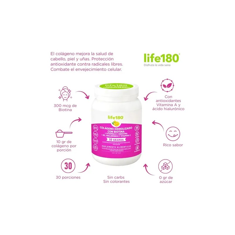 Colágeno Hidrolizado Biotina Vitamina E Keratina Life180 en Polvo de