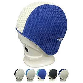 Blue Reef Bubble Combo Pimple Effect Two Solid Colour Stripe Unisex Classic Retro Swimming Hat Swim Cap One Size Adults (Blue/Cream)