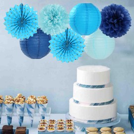 Light-Royal Navy-Blue White Party-Decorations Streamers - 14pcs Boy Birthday Baby Shower Paper Lanterns Fan,Tissue Pom Poms,Honeycomb Balls,Bachelorette Bridal Wedding Engagement Decor