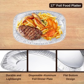 HOMESHOPA Aluminum Foil Disposable Oval Serving Platter 17 Inch, 10 Pack Silver Embossed Foil Food Trays, Oven and Food Safe, Lightweight Reusable Catering Plate for Party, Buffet