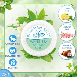 BERGMAN KELLY - Hotel Soap Bars - White Tea, 1 oz, 100 PK - Travel Size Luxury Bulk Amenities Bar Soap, Mini Individually Wrapped Round Soap - Small Toiletries for Airbnb, Motel, Guest Bathroom