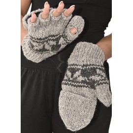 Three Cranes Gallery Hand Knitted 100% Merino Wool Flip Top Snowboard Finger less Ski Polar Fleece Lined Fingerless Nepalese Mittens Convertible Texting Gloves-Grey