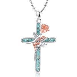 EErMamo Mom Cross Necklace 925 Sterling Silver Crucifix Religious Christian Pendant Rose Necklace Jewelry Mother's Day Gifts for Women, Medium, Sterling Silver, Turquoise