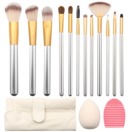 ZOCONE Makeup Brush Set, 12 Pieces, Professional Make-Up Brush Set, 1 Cleaning Egg, 1 Make Up Sponge, for Fontation Concealer, Eyeshadow Blush, Blush Palette, Powder, with Beige Leather Case