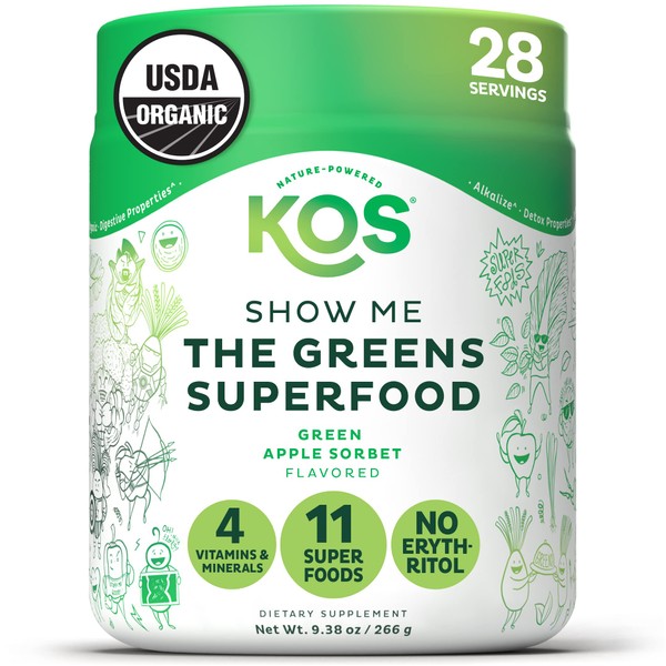 KOS Organic Super Greens Powder Erythritol Free - Plant Based Algae Superfood Blend with Spirulina, Chlorella & Wheatgrass - USDA, Vegan, Green Juice Smoothie Drink - Apple Sorbet Flavor, 28 Servings