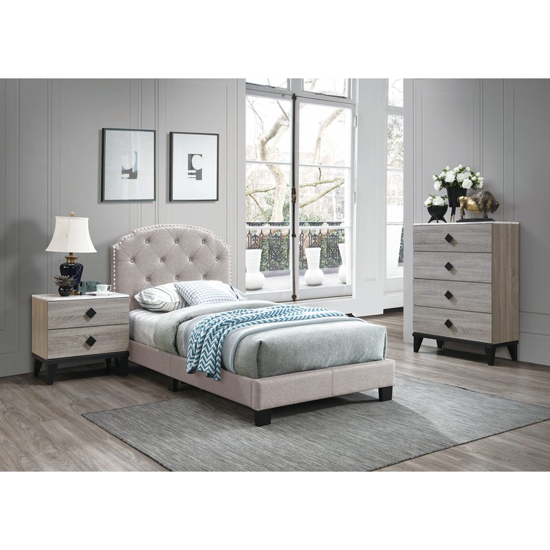 Poundex Button Tufting Design Twin Bed in Light Brown