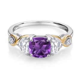 Gem Stone King 925 Silver and 10K Yellow Gold 3-Stone Ring Cushion Amethyst Half Moon Moissanite (1.63 Carat Cttw) (Size 8)
