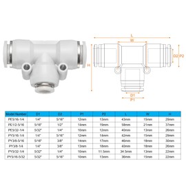HARFINGTON 5pcs Push to Connect Fittings 1/2 Inch Tube OD x 5/16 Inch OD, Tee Plastic Quick Connect Air Hose Pneumatic Fitting Kit Reducing 3 Ways Push Lock Connector PE1/2-5/16, White