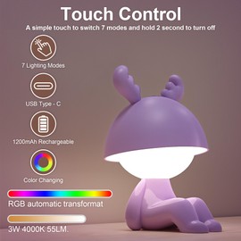 FemKey Nachtlicht Kinder, LED Nachttischlampe Touch Kinder 7 modi RGB Farbwechsel & Warmes Licht, Tischlampe Aufladbar Dimmbar Typ-C, Nachtlampe Kinderzimmer Lila Elch für Mädchen