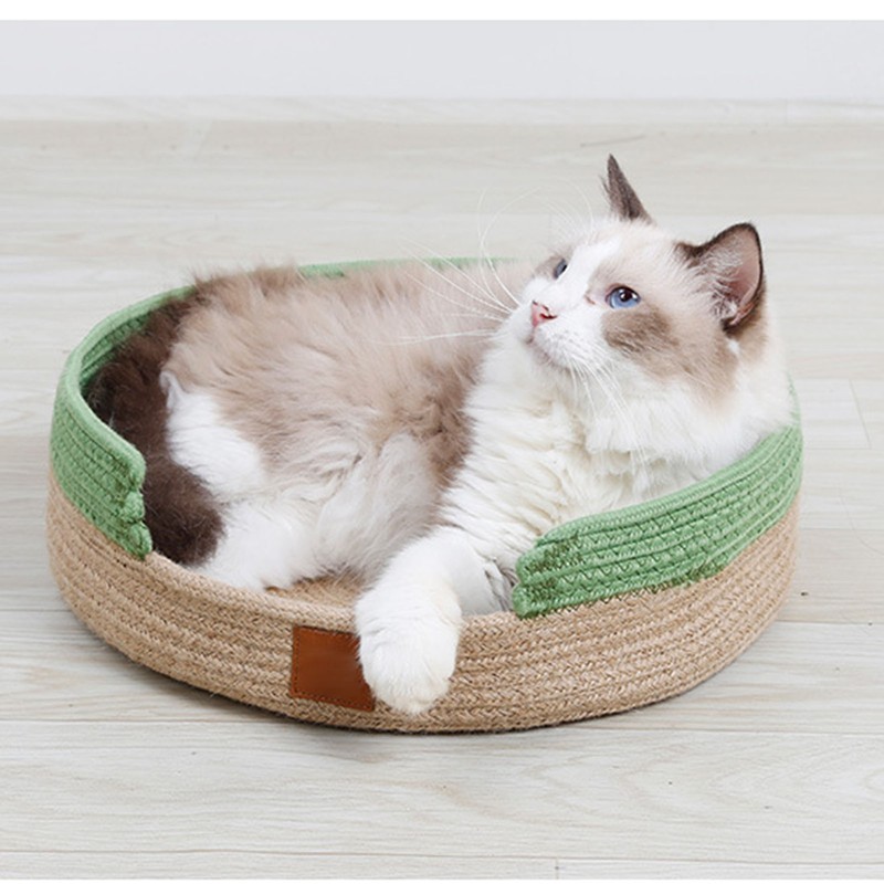 Round Cat Bed Cotton Rope Woven Basket Multipurpose Sleeping Scratching