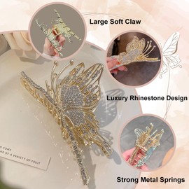 Butterfly Large Hair Claw Clips Luxury Rhinestone Design Hair Clips Metal Gold Claw Clips for Thin/Thick Hair Strong Hold Hair Jaw Clip Bring Wedding Birthday Hair Accessories for Girls Hair Styling