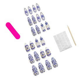 Blue Flower Press on Nails Short Almond Fake Nails Totem Demon Eye Pattern Acrylic False Nails Full Cover Summer Glossy Glue on Nails with Glitter Gold Stripe Designs for Women Girls Nails Decor 24PCS