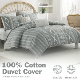 EWlinens Boho Duvet Cover Queen Size - Gray Geometric Bedding Duvet Cover Set 3 Pieces Bohemian Striped Pattern Printed Cotton Comforter Cover with Zipper Closure & Corner Ties, 90"x90"